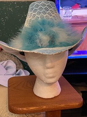 Vintage Teal/white ostrich Feather accent hard straw Cowboy Hat-